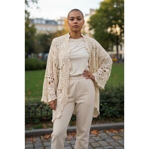 Boston Proper Crocheted Open Front Cardigan Sweater Top Cream Women's M/L